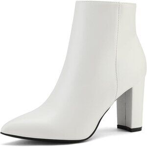Dream Pairs Women's White Pointed Toe Fur Lining Chunky Block Heel Ankle Booties